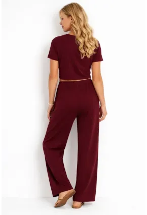 Bordo Modal Kumaş Crop Tişört & Yüksek Bel Bol Paça Takım