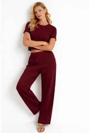 Bordo Modal Kumaş Crop Tişört & Yüksek Bel Bol Paça Takım