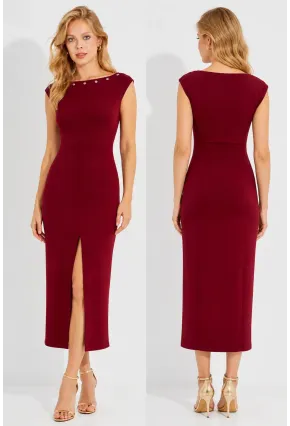 Bordo Ön Yırtmaçlı Midi Boy Kalem Elbise