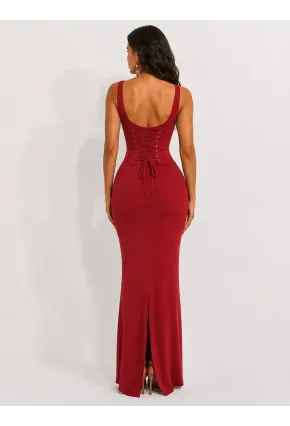 Bordo Tonu Korse Detaylı Maxi Elbise