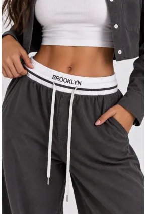 Brooklyn Kadın Crop Gömlek & Bol Paça Pantolon İkili Takım – Antrasit