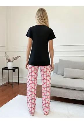 But First Coffee Yazılı Siyah Tişört  Kalpli Desen Kısa Kol Pijama Takımı