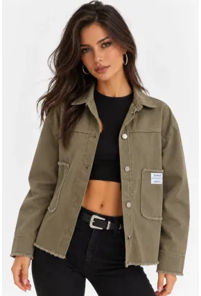 Cep ve Arma Detaylı Oversize Denim Ceket – Haki