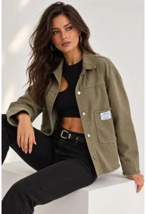 Cep ve Arma Detaylı Oversize Denim Ceket – Haki