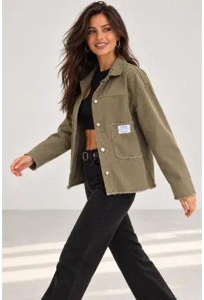Cep ve Arma Detaylı Oversize Denim Ceket – Haki