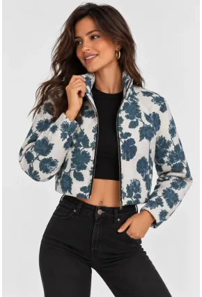 Çiçek Desenli Dik Yaka Crop Bomber Mont