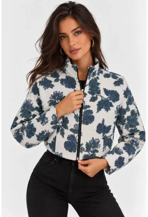 Çiçek Desenli Dik Yaka Crop Bomber Mont