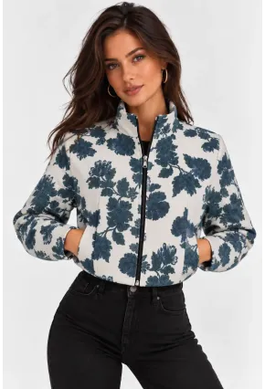 Çiçek Desenli Dik Yaka Crop Bomber Mont