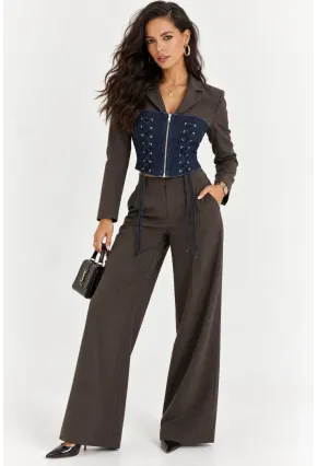 Denim Korsaj Detaylı Blazer & Palazzo Pantolon Takım