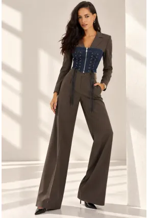 Denim Korsaj Detaylı Blazer & Palazzo Pantolon Takım