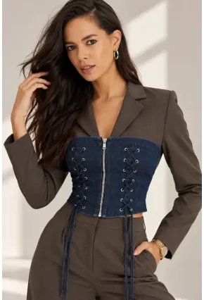 Denim Korsaj Detaylı Blazer & Palazzo Pantolon Takım