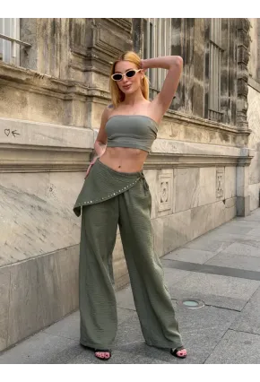 Dökümlü Bel Detay Pantalon Haki