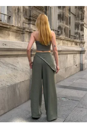 Dökümlü Bel Detay Pantalon Haki
