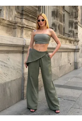 Dökümlü Bel Detay Pantalon Haki