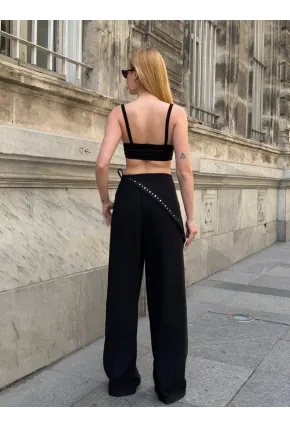 Dökümlü Bel Detay Pantalon Siyah