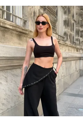 Dökümlü Bel Detay Pantalon Siyah