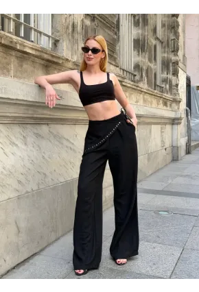 Dökümlü Bel Detay Pantalon Siyah
