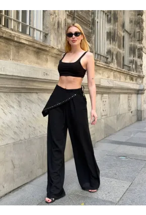Dökümlü Bel Detay Pantalon Siyah