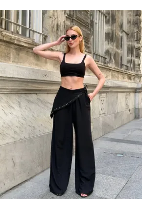 Dökümlü Bel Detay Pantalon Siyah