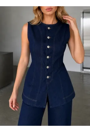 Düğme Detaylı Denim Yelek & Pantolon Takım – Lacivert
