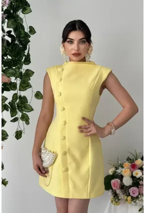 Düğme Detaylı Elbise Sarı