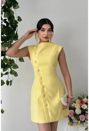 Düğme Detaylı Elbise Sarı
