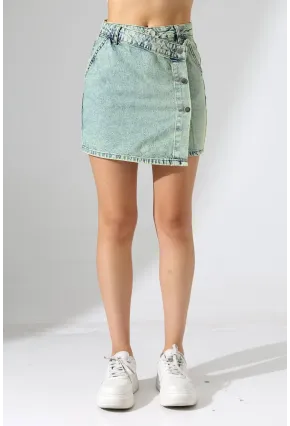 Düğme Detaylı Jean Mini Etek
