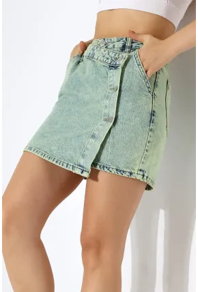 Düğme Detaylı Jean Mini Etek