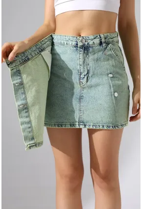 Düğme Detaylı Jean Mini Etek