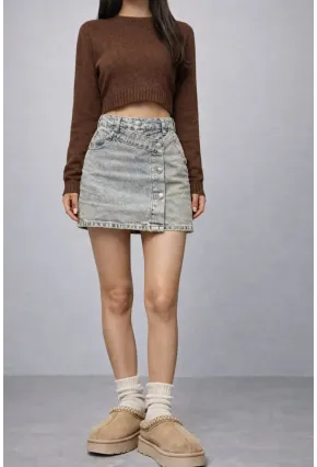 Düğme Detaylı Jean Mini Etek – Açık Mavi
