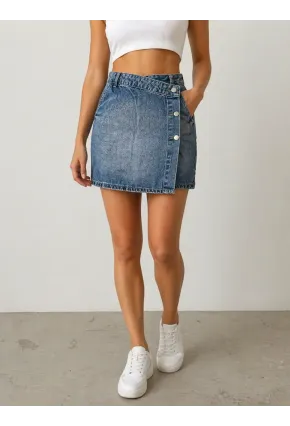 Düğme Detaylı Jean Mini Etek – Lacivert