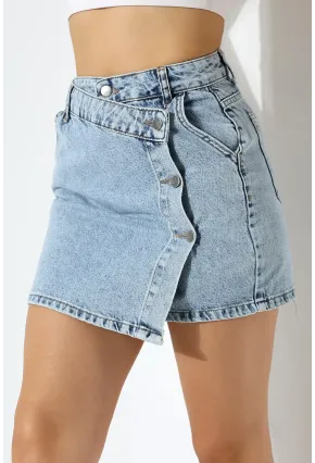 Düğme Detaylı Jean Mini Etek – Mavi