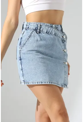 Düğme Detaylı Jean Mini Etek – Mavi