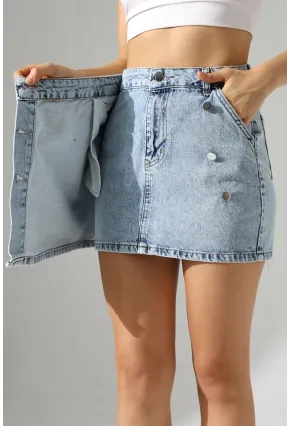 Düğme Detaylı Jean Mini Etek – Mavi
