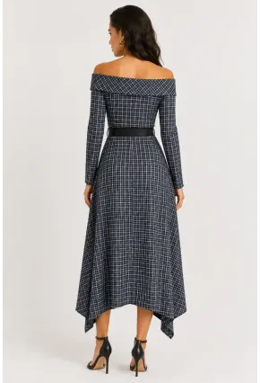 Ekose & Denim Asimetrik Madonna Yaka Kemerli Kadın Elbise