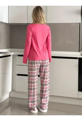 Ekose Desenli Alt Pembe Üst V Yaka Uzun Kollu Pijama Takımı