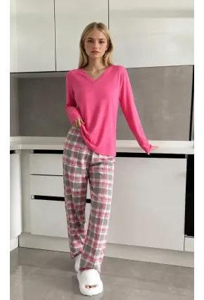 Ekose Desenli Alt Pembe Üst V Yaka Uzun Kollu Pijama Takımı