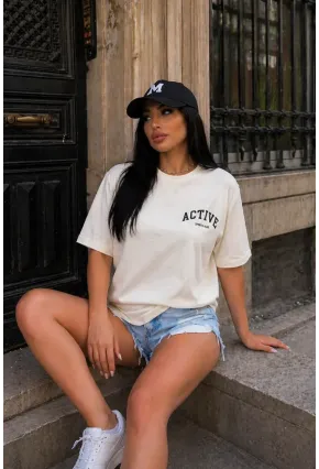 Ekru “Active” Baskılı Oversize Penye T-Shirt – Minimal Spor Şık Tasarım