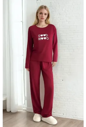 Good Mood Baskılı Bordo Kadın Pijama Takımı