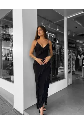 İthal Sandy Kumaş Yırtmaç Detaylı Maxi Boy Elbise Siyah