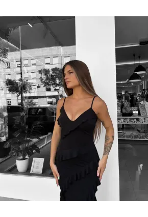 İthal Sandy Kumaş Yırtmaç Detaylı Maxi Boy Elbise Siyah