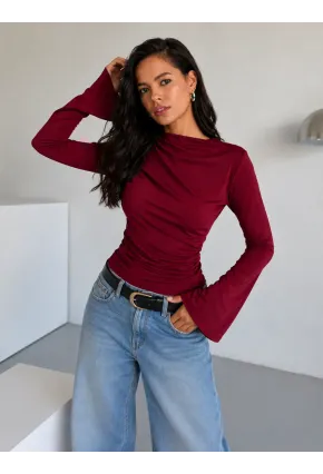 Kadın Bordo Degaje Yaka Drapeli Uzun Kollu Bluz