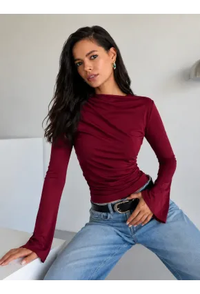 Kadın Bordo Degaje Yaka Drapeli Uzun Kollu Bluz