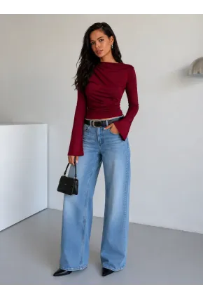 Kadın Bordo Degaje Yaka Drapeli Uzun Kollu Bluz