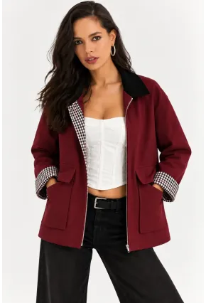 Kadın Bordo Fermuarlı Ceket Ekose Detaylı Siyah Yakalı Oversize Günlük Ceket
