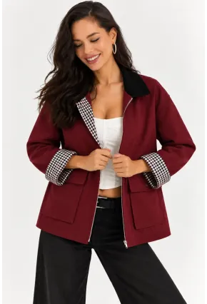 Kadın Bordo Fermuarlı Ceket Ekose Detaylı Siyah Yakalı Oversize Günlük Ceket