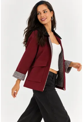 Kadın Bordo Fermuarlı Ceket Ekose Detaylı Siyah Yakalı Oversize Günlük Ceket
