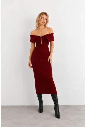 Kadın Bordo Fermuarlı Madonna Yaka Midi Elbise EY3011