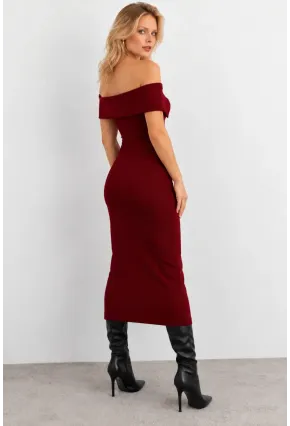 Kadın Bordo Fermuarlı Madonna Yaka Midi Elbise EY3011