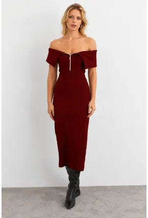 Kadın Bordo Fermuarlı Madonna Yaka Midi Elbise EY3011